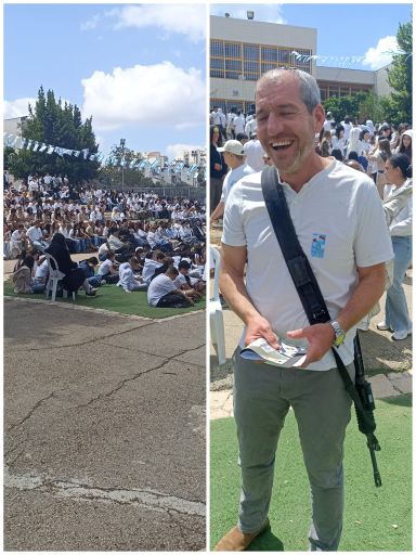 כשהנשק תלוי על כתפיו, מנהל ברנקו בטכס הזיכרון